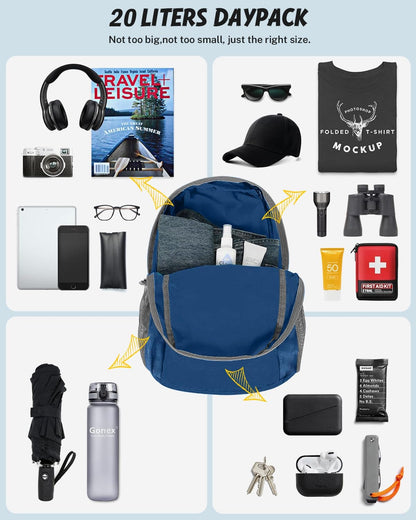 Ultra Lightweight Packable Backpack Daypack Handy Foldable Camping Outdoor Travel Cycling Backpacking | Water Resistant Nylon, Folds Into Pocket, 3 Zippered Compartments, Hiking & Travel Use