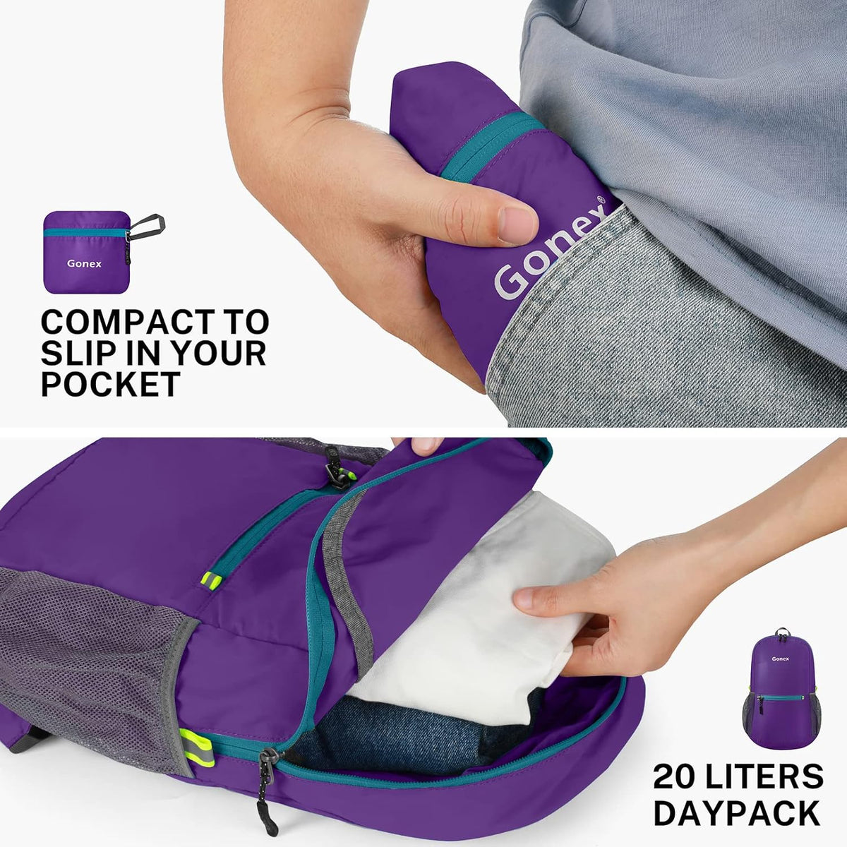 Ultra Lightweight Packable Backpack Daypack Handy Foldable Camping Outdoor Travel Cycling Backpacking | Water Resistant Nylon, Folds Into Pocket, 3 Zippered Compartments, Hiking & Travel Use