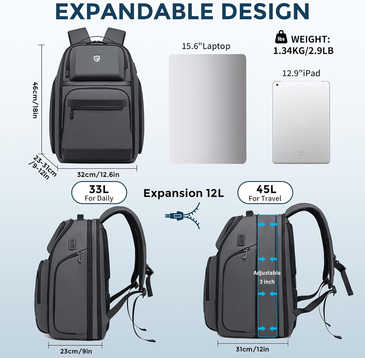 Business Travel Backpack for Professionals 17 Inch Laptop, Grey | Water Resistant, Expandable, 45L Travel Backpack with USB Port, Men's Backpack for Work/College/Commuter/Business