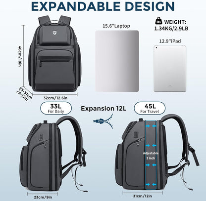 Business Travel Backpack for Professionals 17 Inch Laptop, Grey | Water Resistant, Expandable, 45L Travel Backpack with USB Port, Men's Backpack for Work/College/Commuter/Business