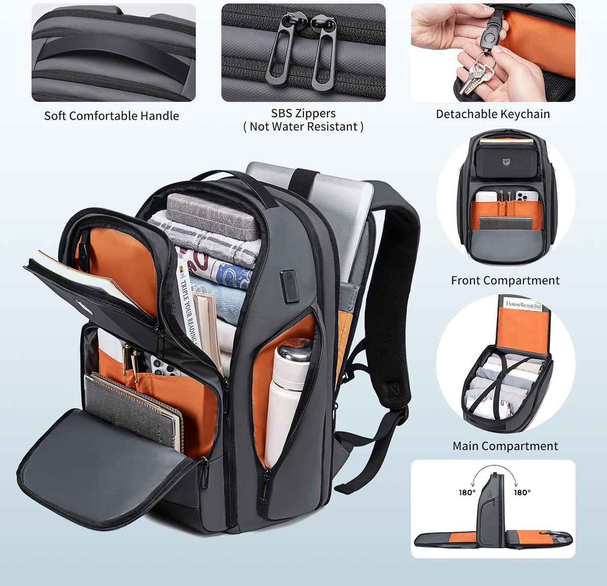 Business Travel Backpack for Professionals 17 Inch Laptop, Grey | Water Resistant, Expandable, 45L Travel Backpack with USB Port, Men's Backpack for Work/College/Commuter/Business