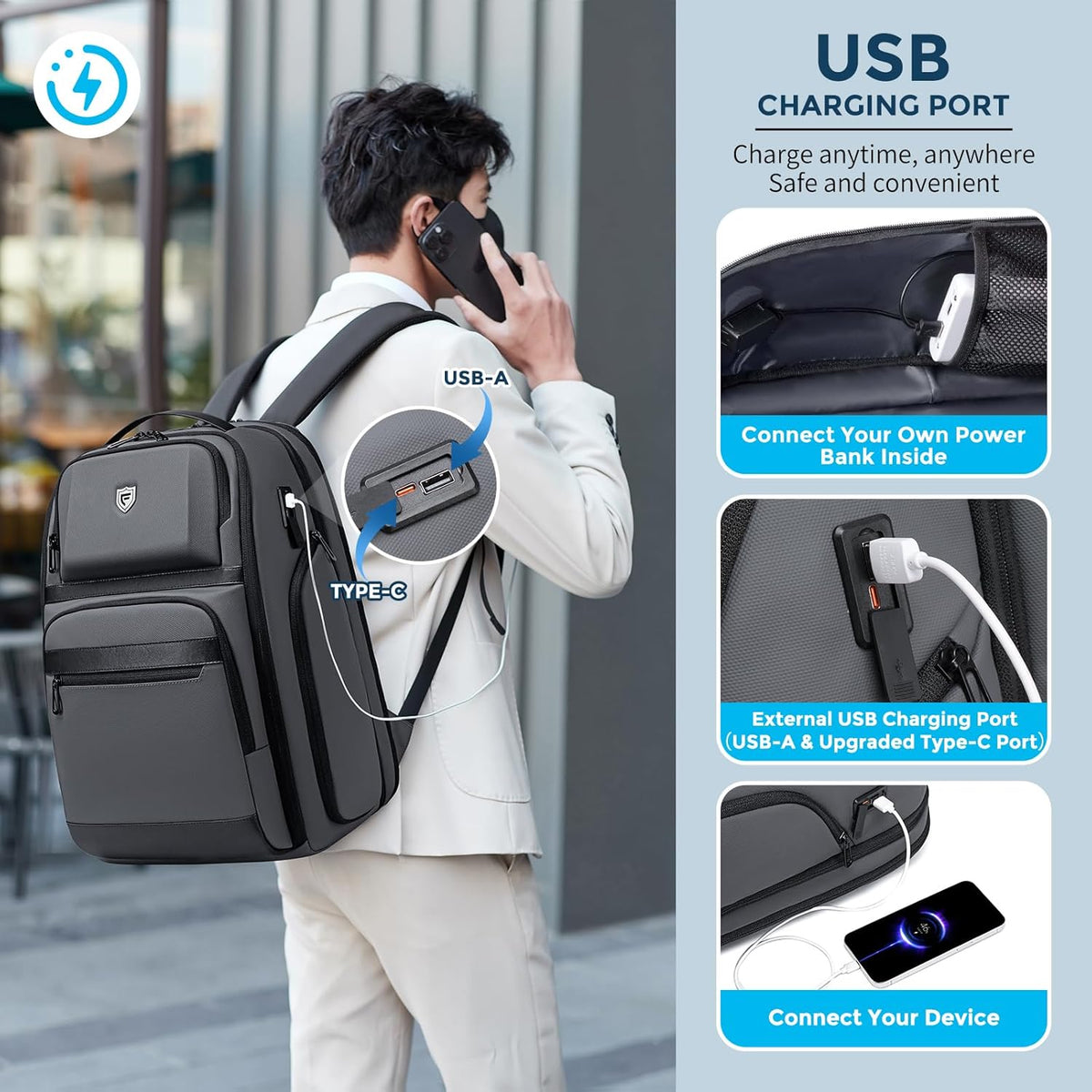 Business Travel Backpack for Professionals 17 Inch Laptop, Grey | Water Resistant, Expandable, 45L Travel Backpack with USB Port, Men's Backpack for Work/College/Commuter/Business