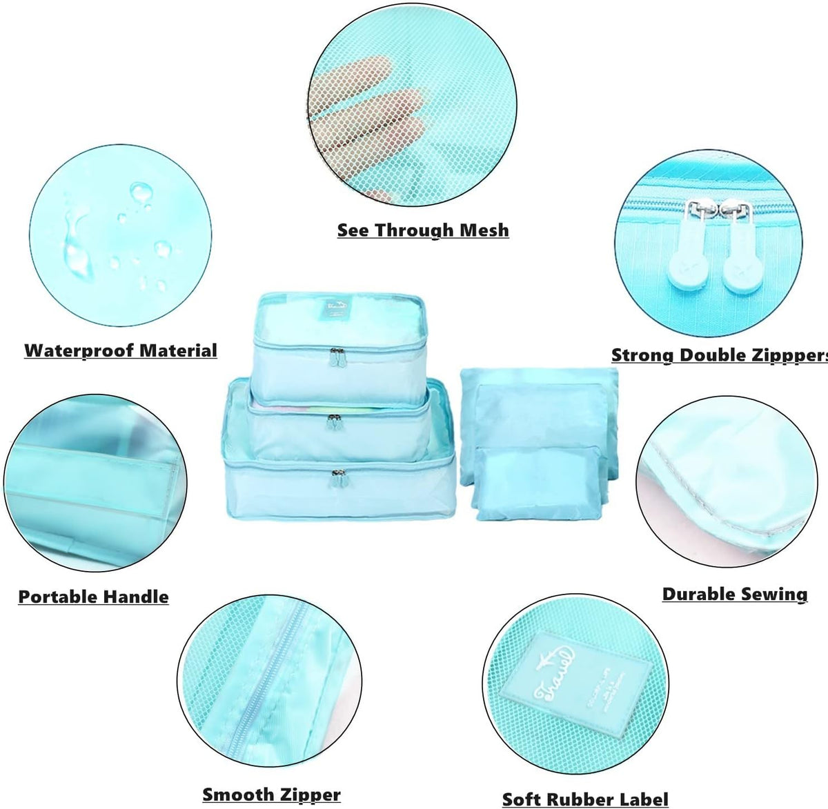 6 PCS Travel Luggage Organizer Bags, Packing Cubes Compression, Storage Bags Organizers, Laundry Pouches for Backpack Suitcases Clothes Underwear (Light Blue)