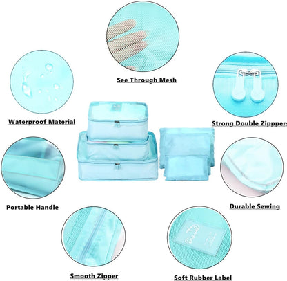 6 PCS Travel Luggage Organizer Bags, Packing Cubes Compression, Storage Bags Organizers, Laundry Pouches for Backpack Suitcases Clothes Underwear (Light Blue)