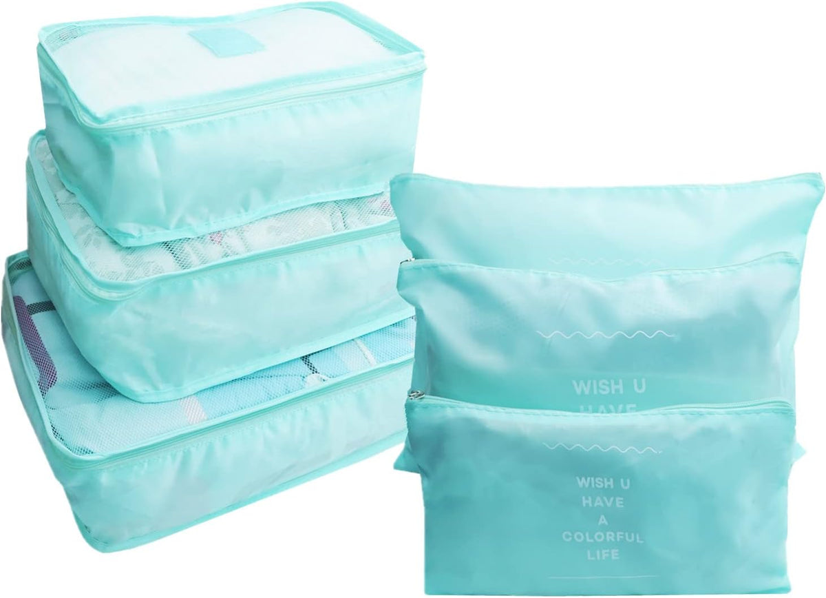 6 PCS Travel Luggage Organizer Bags, Packing Cubes Compression, Storage Bags Organizers, Laundry Pouches for Backpack Suitcases Clothes Underwear (Light Blue)