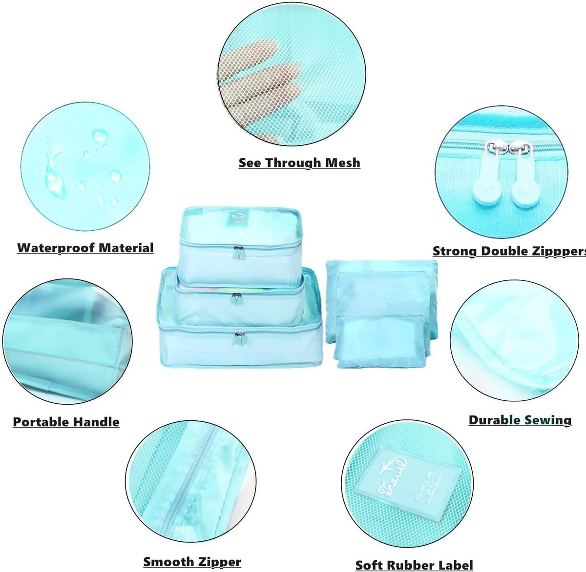 6 PCS Travel Luggage Organizer Bags, Packing Cubes Compression, Storage Bags Organizers, Laundry Pouches for Backpack Suitcases Clothes Underwear (Light Blue)