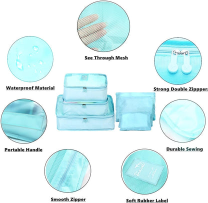 6 PCS Travel Luggage Organizer Bags, Packing Cubes Compression, Storage Bags Organizers, Laundry Pouches for Backpack Suitcases Clothes Underwear (Light Blue)