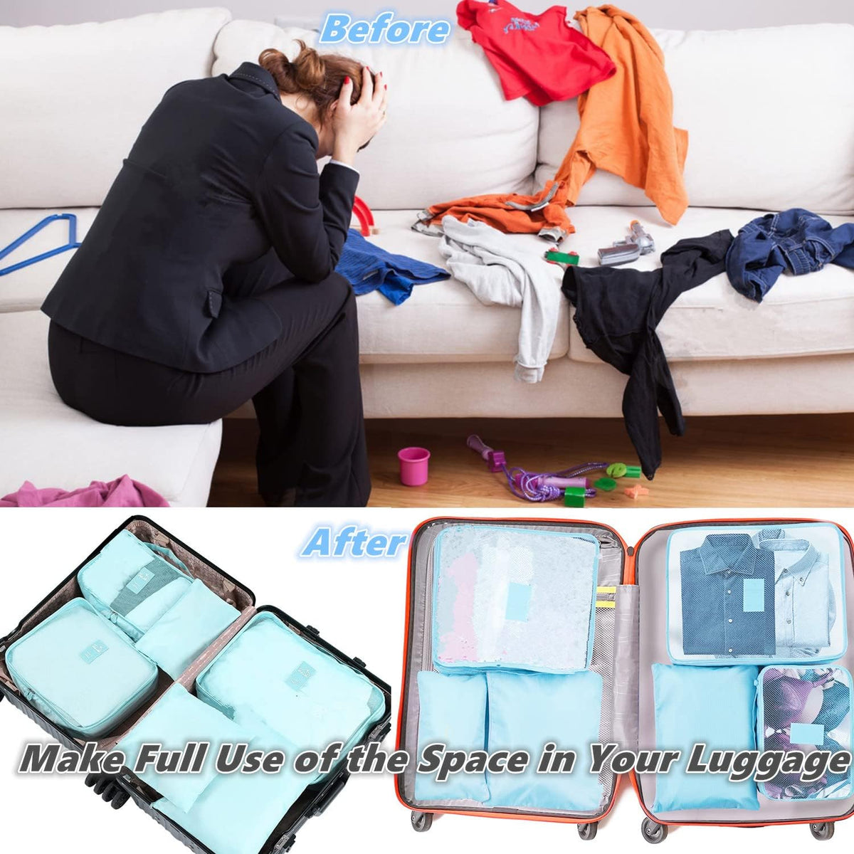 6 PCS Travel Luggage Organizer Bags, Packing Cubes Compression, Storage Bags Organizers, Laundry Pouches for Backpack Suitcases Clothes Underwear (Light Blue)