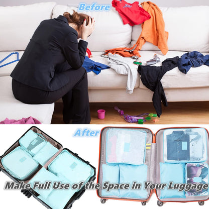 6 PCS Travel Luggage Organizer Bags, Packing Cubes Compression, Storage Bags Organizers, Laundry Pouches for Backpack Suitcases Clothes Underwear (Light Blue)