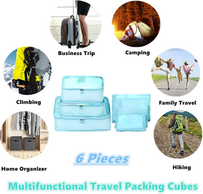 6 PCS Travel Luggage Organizer Bags, Packing Cubes Compression, Storage Bags Organizers, Laundry Pouches for Backpack Suitcases Clothes Underwear (Light Blue)