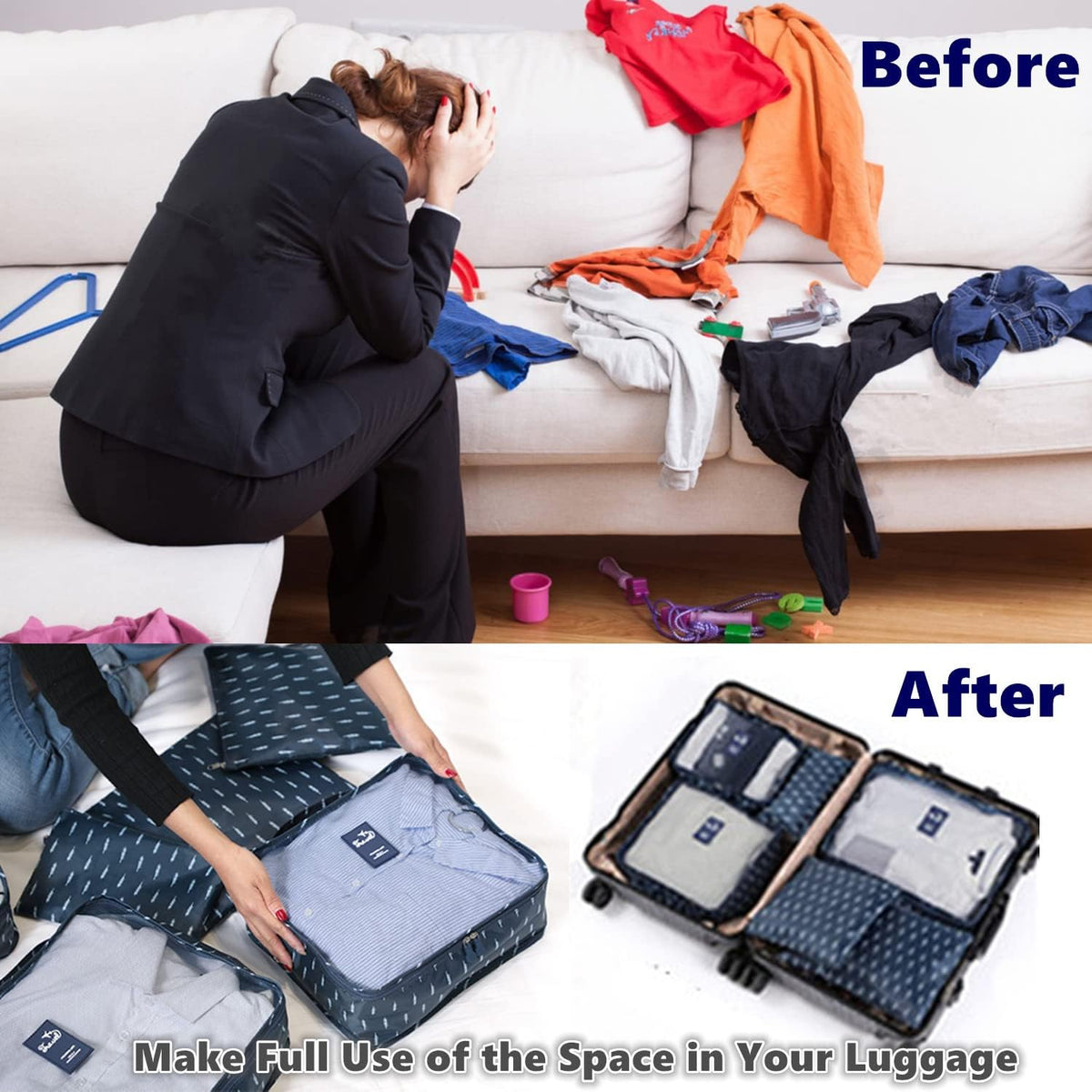 6 PCS Travel Luggage Organizer Bags, Packing Cubes Compression, Storage Bags Organizers, Laundry Pouches for Backpack Suitcases Clothes Underwear (Light Blue)