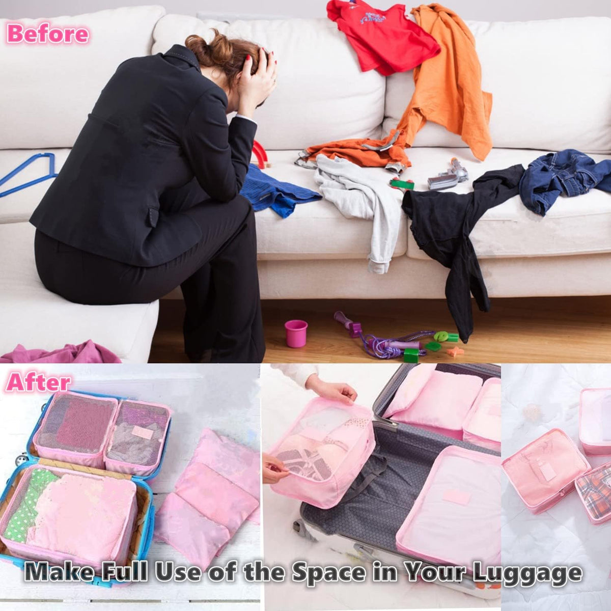 6 PCS Travel Luggage Organizer Bags, Packing Cubes Compression, Storage Bags Organizers, Laundry Pouches for Backpack Suitcases Clothes Underwear (Light Blue)
