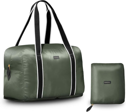 Foldable Duffle Bag for Travel | Lightweight, Water-Resistant Carry On Bag | Sustainable and Durable Nylon, Safari Green