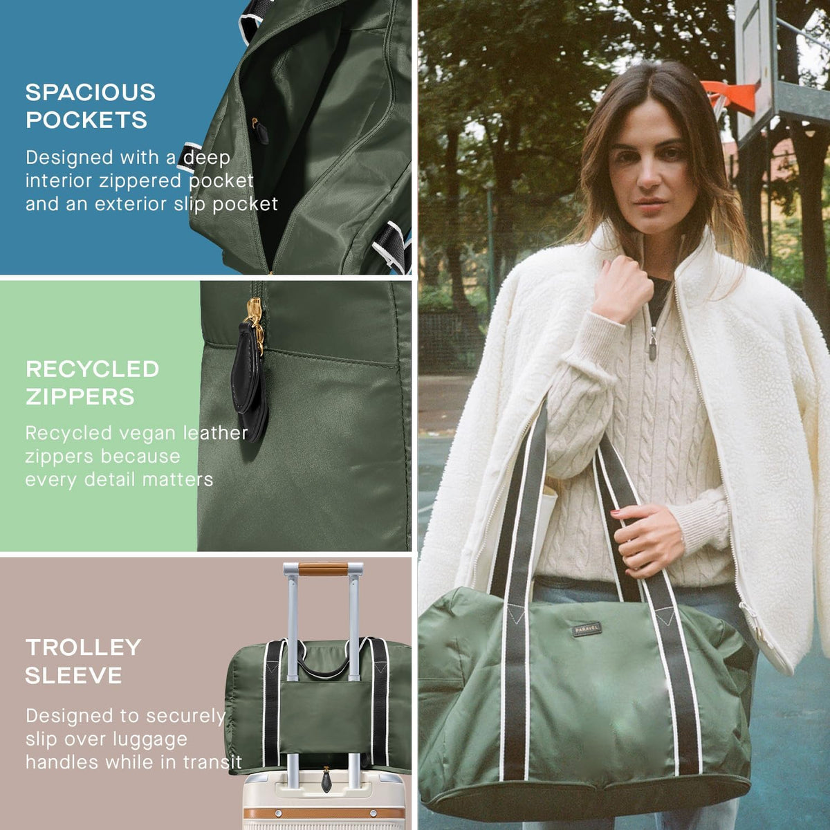 Foldable Duffle Bag for Travel | Lightweight, Water-Resistant Carry On Bag | Sustainable and Durable Nylon, Safari Green