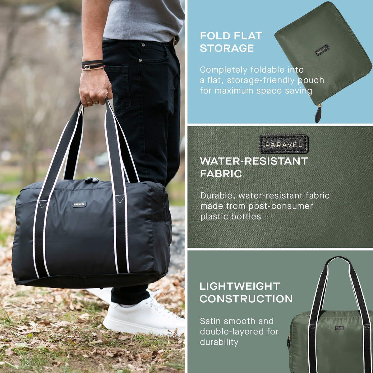 Foldable Duffle Bag for Travel | Lightweight, Water-Resistant Carry On Bag | Sustainable and Durable Nylon, Safari Green
