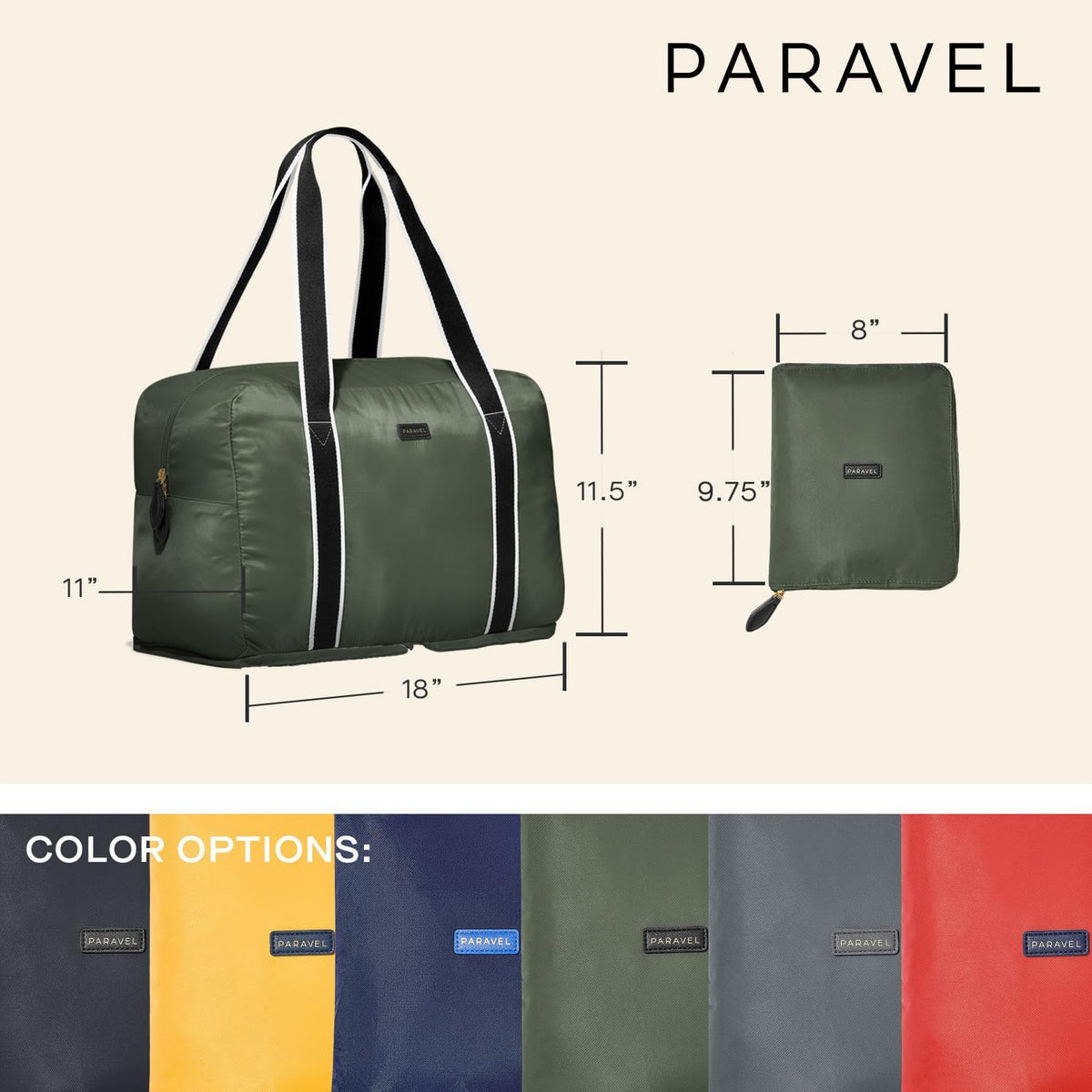 Foldable Duffle Bag for Travel | Lightweight, Water-Resistant Carry On Bag | Sustainable and Durable Nylon, Safari Green