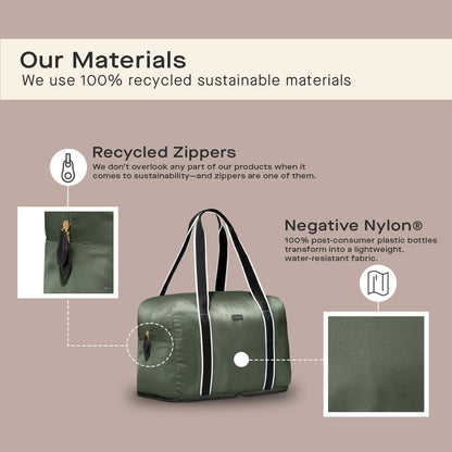 Foldable Duffle Bag for Travel | Lightweight, Water-Resistant Carry On Bag | Sustainable and Durable Nylon, Safari Green