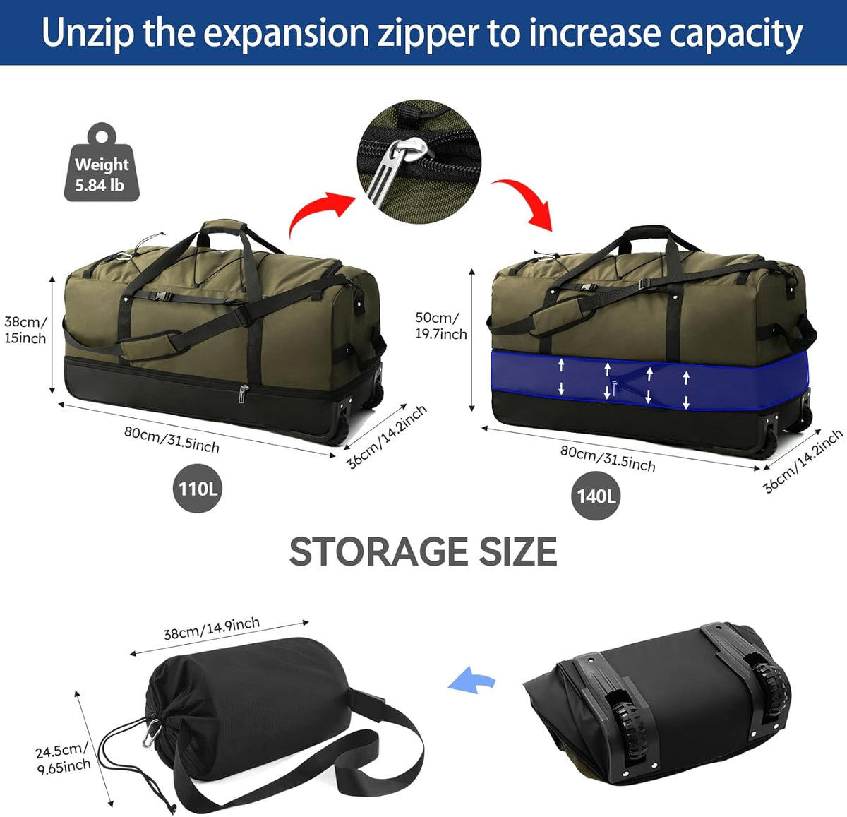 110L Expandable to 140L 32” Foldable Oxford Soft-Sided Rolling Duffle Bag with 2 Heavy-Duty Wheels,2 Large Compartments,Adjustable Shoulder Strap and Attached Organizer Pouch,Navy Blue