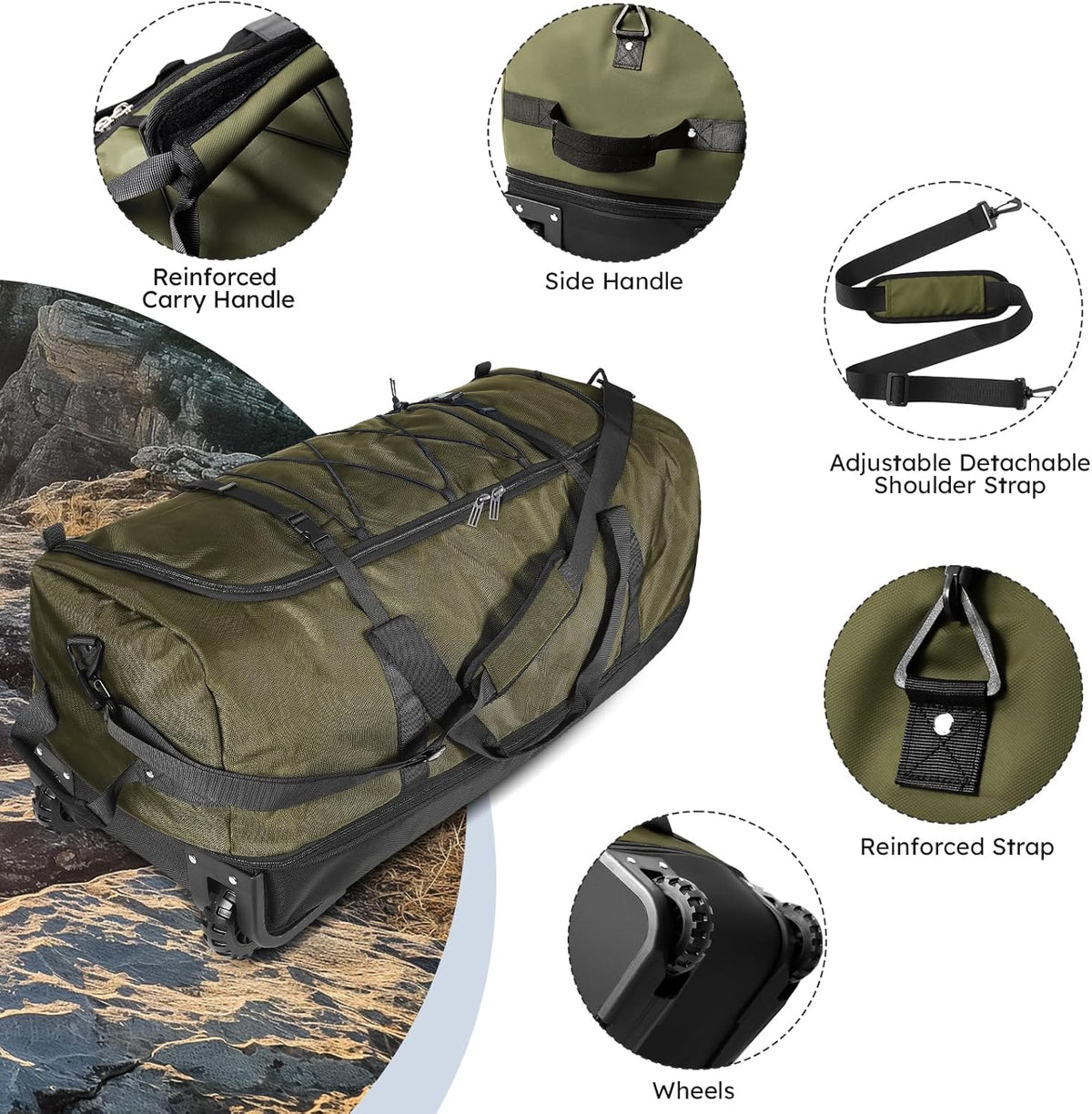 110L Expandable to 140L 32” Foldable Oxford Soft-Sided Rolling Duffle Bag with 2 Heavy-Duty Wheels,2 Large Compartments,Adjustable Shoulder Strap and Attached Organizer Pouch,Navy Blue