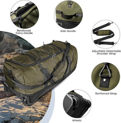 110L Expandable to 140L 32” Foldable Oxford Soft-Sided Rolling Duffle Bag with 2 Heavy-Duty Wheels,2 Large Compartments,Adjustable Shoulder Strap and Attached Organizer Pouch,Navy Blue