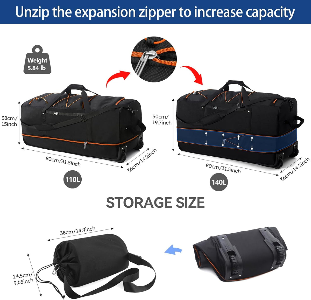 110L Expandable to 140L 32” Foldable Oxford Soft-Sided Rolling Duffle Bag with 2 Heavy-Duty Wheels,2 Large Compartments,Adjustable Shoulder Strap and Attached Organizer Pouch,Navy Blue