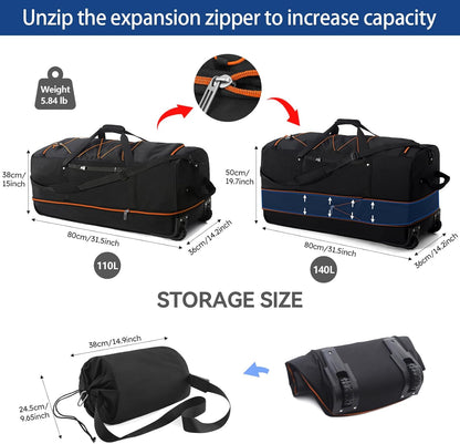 110L Expandable to 140L 32” Foldable Oxford Soft-Sided Rolling Duffle Bag with 2 Heavy-Duty Wheels,2 Large Compartments,Adjustable Shoulder Strap and Attached Organizer Pouch,Navy Blue