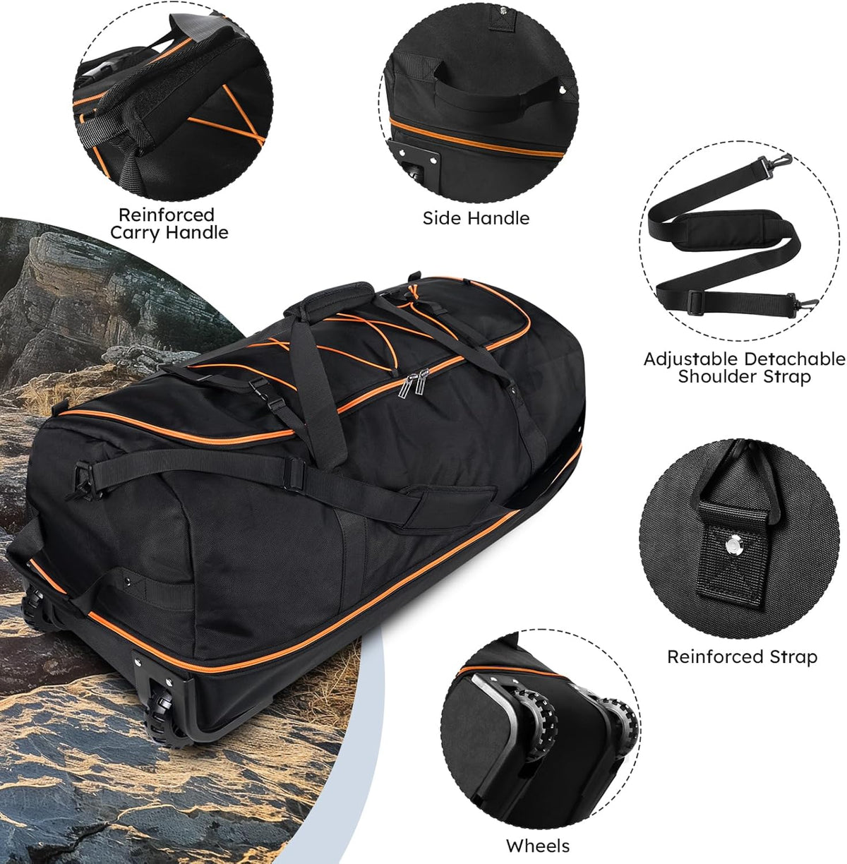 110L Expandable to 140L 32” Foldable Oxford Soft-Sided Rolling Duffle Bag with 2 Heavy-Duty Wheels,2 Large Compartments,Adjustable Shoulder Strap and Attached Organizer Pouch,Navy Blue