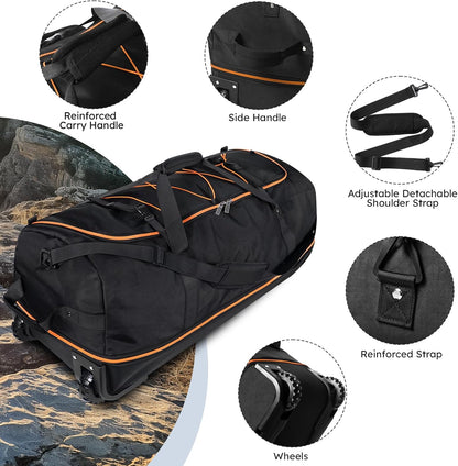110L Expandable to 140L 32” Foldable Oxford Soft-Sided Rolling Duffle Bag with 2 Heavy-Duty Wheels,2 Large Compartments,Adjustable Shoulder Strap and Attached Organizer Pouch,Navy Blue