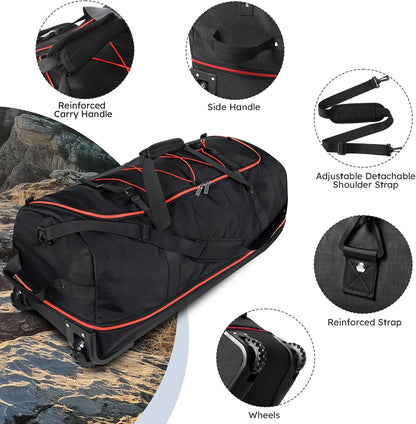 110L Expandable to 140L 32” Foldable Oxford Soft-Sided Rolling Duffle Bag with 2 Heavy-Duty Wheels,2 Large Compartments,Adjustable Shoulder Strap and Attached Organizer Pouch,Navy Blue