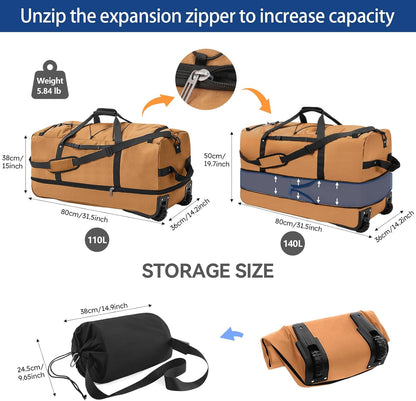 110L Expandable to 140L 32” Foldable Oxford Soft-Sided Rolling Duffle Bag with 2 Heavy-Duty Wheels,2 Large Compartments,Adjustable Shoulder Strap and Attached Organizer Pouch,Navy Blue