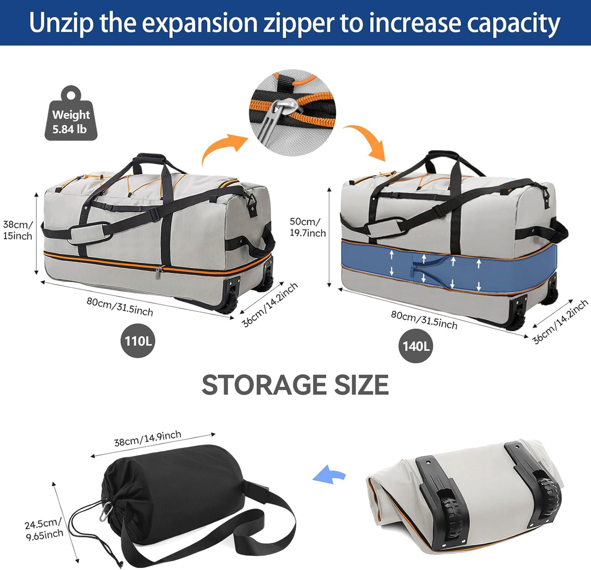 110L Expandable to 140L 32” Foldable Oxford Soft-Sided Rolling Duffle Bag with 2 Heavy-Duty Wheels,2 Large Compartments,Adjustable Shoulder Strap and Attached Organizer Pouch,Navy Blue