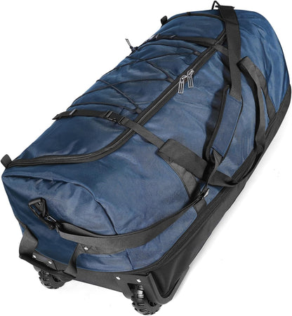 110L Expandable to 140L 32” Foldable Oxford Soft-Sided Rolling Duffle Bag with 2 Heavy-Duty Wheels,2 Large Compartments,Adjustable Shoulder Strap and Attached Organizer Pouch,Navy Blue