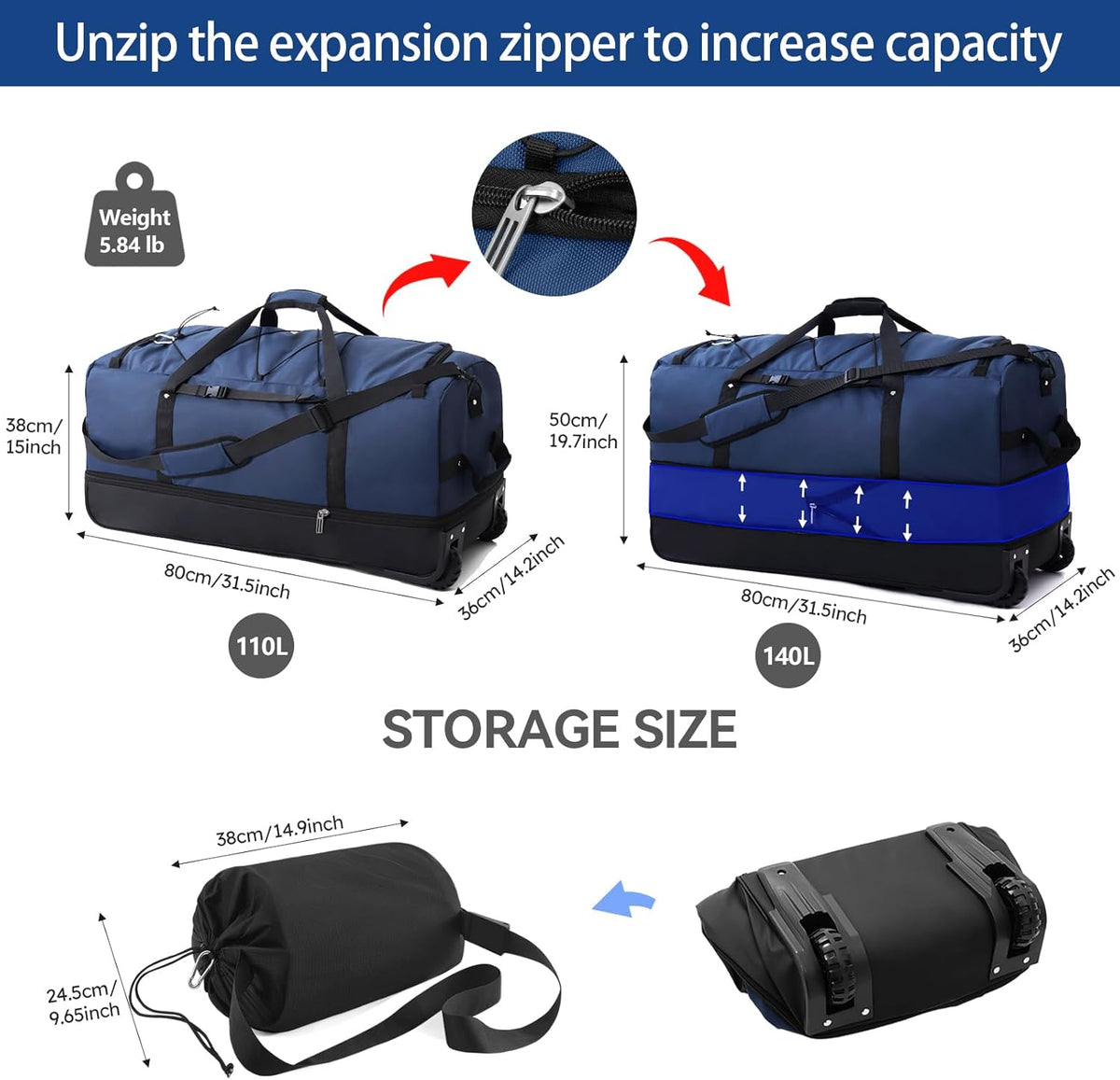 110L Expandable to 140L 32” Foldable Oxford Soft-Sided Rolling Duffle Bag with 2 Heavy-Duty Wheels,2 Large Compartments,Adjustable Shoulder Strap and Attached Organizer Pouch,Navy Blue