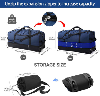 110L Expandable to 140L 32” Foldable Oxford Soft-Sided Rolling Duffle Bag with 2 Heavy-Duty Wheels,2 Large Compartments,Adjustable Shoulder Strap and Attached Organizer Pouch,Navy Blue