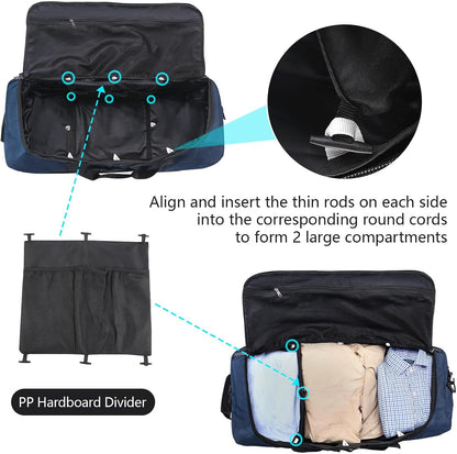 110L Expandable to 140L 32” Foldable Oxford Soft-Sided Rolling Duffle Bag with 2 Heavy-Duty Wheels,2 Large Compartments,Adjustable Shoulder Strap and Attached Organizer Pouch,Navy Blue