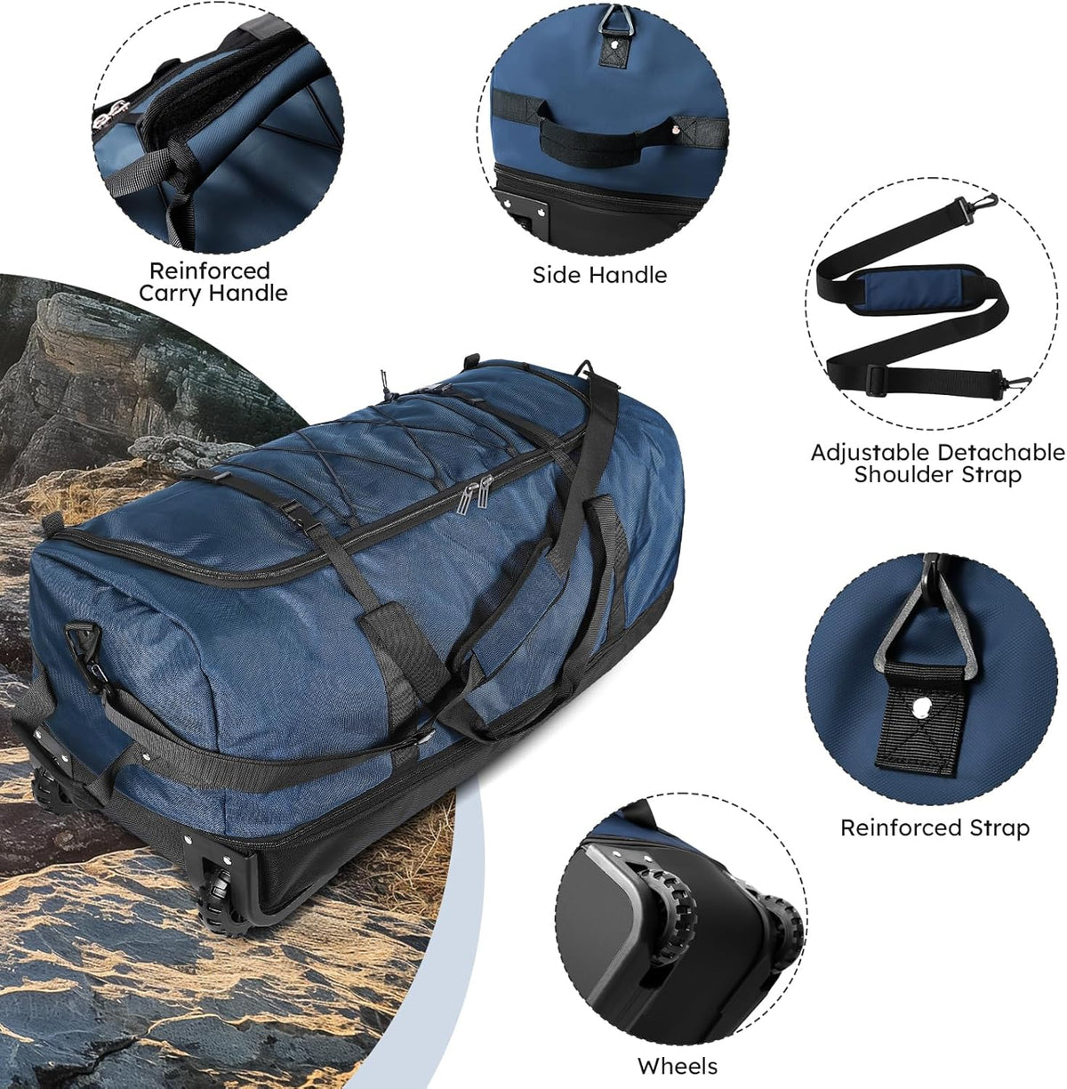 110L Expandable to 140L 32” Foldable Oxford Soft-Sided Rolling Duffle Bag with 2 Heavy-Duty Wheels,2 Large Compartments,Adjustable Shoulder Strap and Attached Organizer Pouch,Navy Blue
