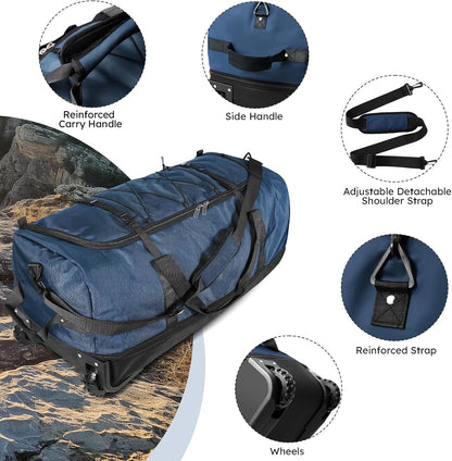 110L Expandable to 140L 32” Foldable Oxford Soft-Sided Rolling Duffle Bag with 2 Heavy-Duty Wheels,2 Large Compartments,Adjustable Shoulder Strap and Attached Organizer Pouch,Navy Blue