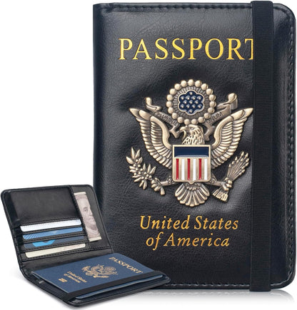 Passport Holder for Travel Men, RFID Blocking Passport Wallet Cover Case, Waterproof Leather Travel Wallet for Men Women, Document Protector for Traveling Accessories-Lake Blue