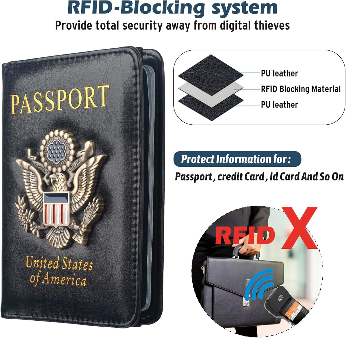Passport Holder for Travel Men, RFID Blocking Passport Wallet Cover Case, Waterproof Leather Travel Wallet for Men Women, Document Protector for Traveling Accessories-Lake Blue
