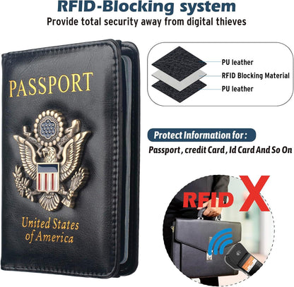 Passport Holder for Travel Men, RFID Blocking Passport Wallet Cover Case, Waterproof Leather Travel Wallet for Men Women, Document Protector for Traveling Accessories-Lake Blue