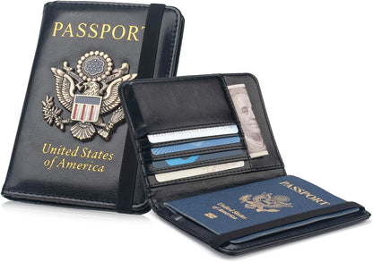 Passport Holder for Travel Men, RFID Blocking Passport Wallet Cover Case, Waterproof Leather Travel Wallet for Men Women, Document Protector for Traveling Accessories-Lake Blue