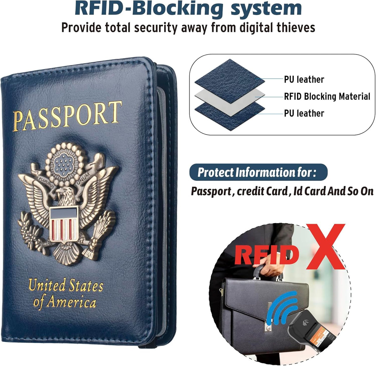 Passport Holder for Travel Men, RFID Blocking Passport Wallet Cover Case, Waterproof Leather Travel Wallet for Men Women, Document Protector for Traveling Accessories-Lake Blue