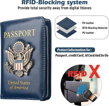 Passport Holder for Travel Men, RFID Blocking Passport Wallet Cover Case, Waterproof Leather Travel Wallet for Men Women, Document Protector for Traveling Accessories-Lake Blue