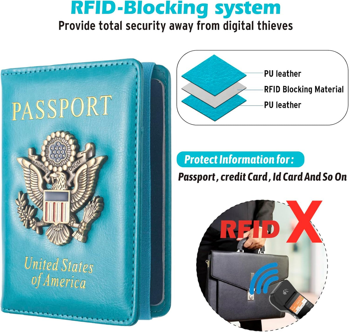 Passport Holder for Travel Men, RFID Blocking Passport Wallet Cover Case, Waterproof Leather Travel Wallet for Men Women, Document Protector for Traveling Accessories-Lake Blue