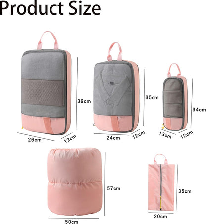 Expandable Space-Saving Cubes/Bags for Travel, Dual Zipper Compression Packing Luggage Organizer Bags with Breathable Mesh Design (Blue + double-ended round bag)