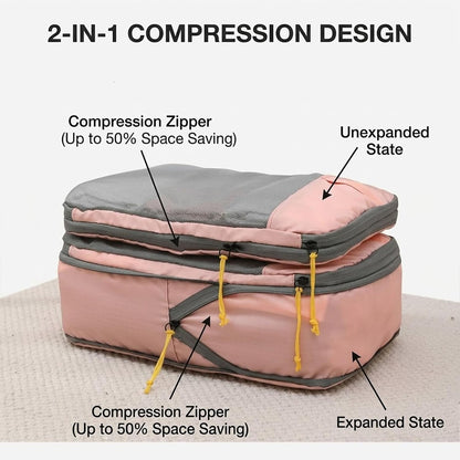 Expandable Space-Saving Cubes/Bags for Travel, Dual Zipper Compression Packing Luggage Organizer Bags with Breathable Mesh Design (Blue + double-ended round bag)