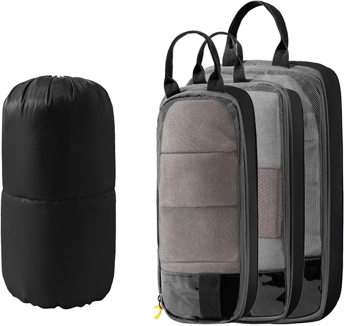 Expandable Space-Saving Cubes/Bags for Travel, Dual Zipper Compression Packing Luggage Organizer Bags with Breathable Mesh Design (Blue + double-ended round bag)