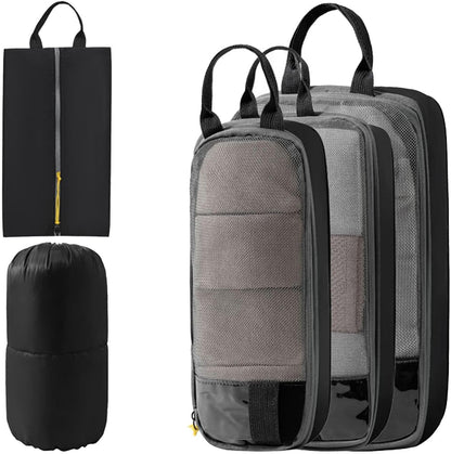 Expandable Space-Saving Cubes/Bags for Travel, Dual Zipper Compression Packing Luggage Organizer Bags with Breathable Mesh Design (Blue + double-ended round bag)