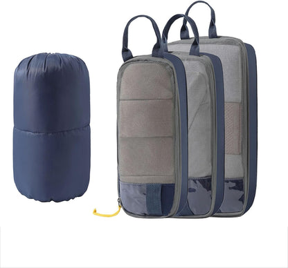 Expandable Space-Saving Cubes/Bags for Travel, Dual Zipper Compression Packing Luggage Organizer Bags with Breathable Mesh Design (Blue + double-ended round bag)