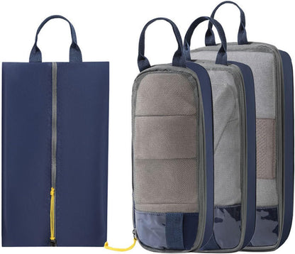 Expandable Space-Saving Cubes/Bags for Travel, Dual Zipper Compression Packing Luggage Organizer Bags with Breathable Mesh Design (Blue + double-ended round bag)